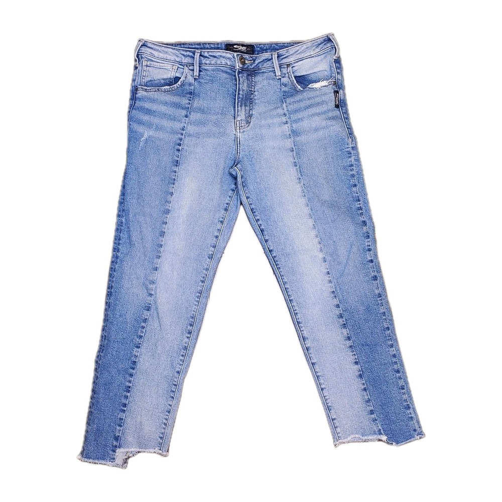 Silver Jeans 2 Tone Denim Womens Distressed 32×25 Izzy Slim Fit Crop Raw Hem